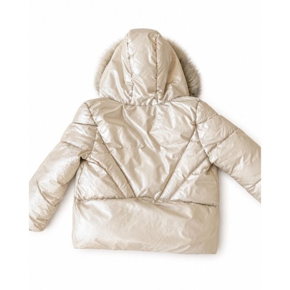 Sam Edelman Girls Metallic Champagne Gold Puffer Jacket Faux Fur Hood Size 6X - Picture 2 of 3